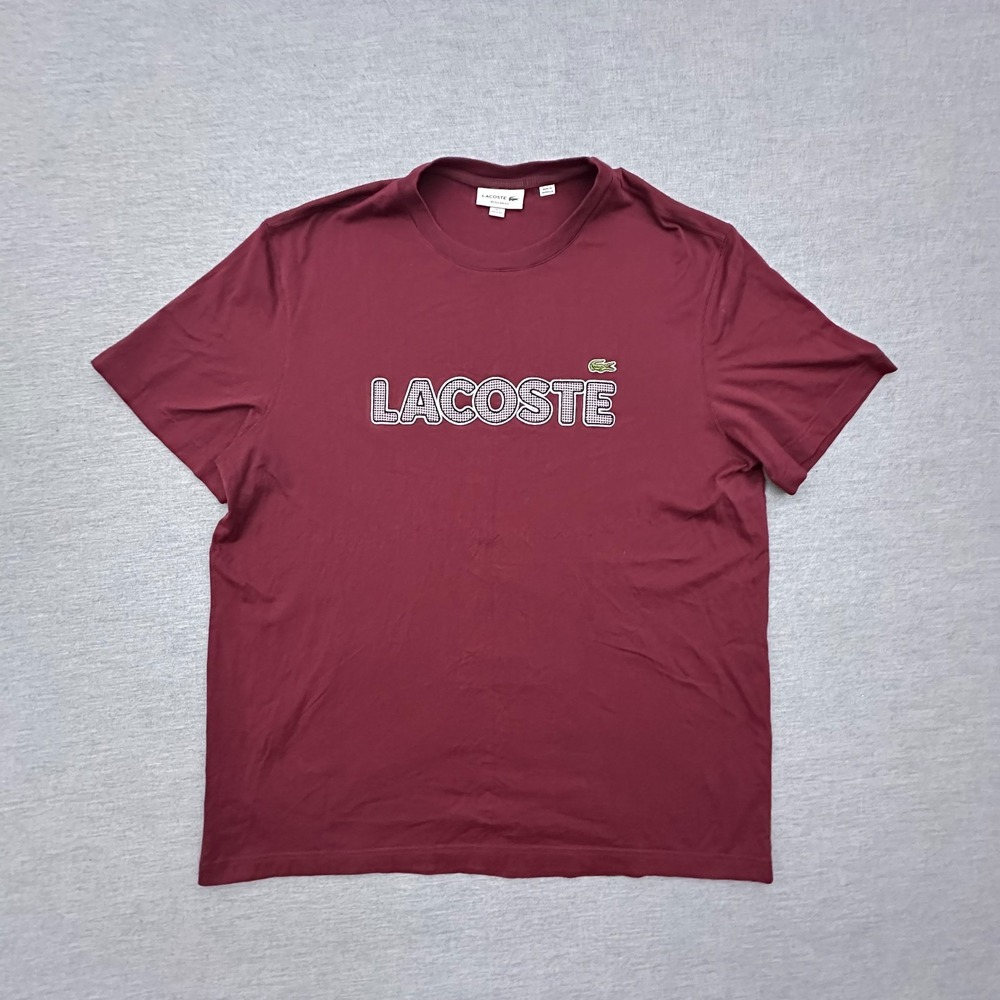 Lacoste T Shirt Mens 2XL Sz 7 Red Big Spellout Loogo Preppy 100% Cotton